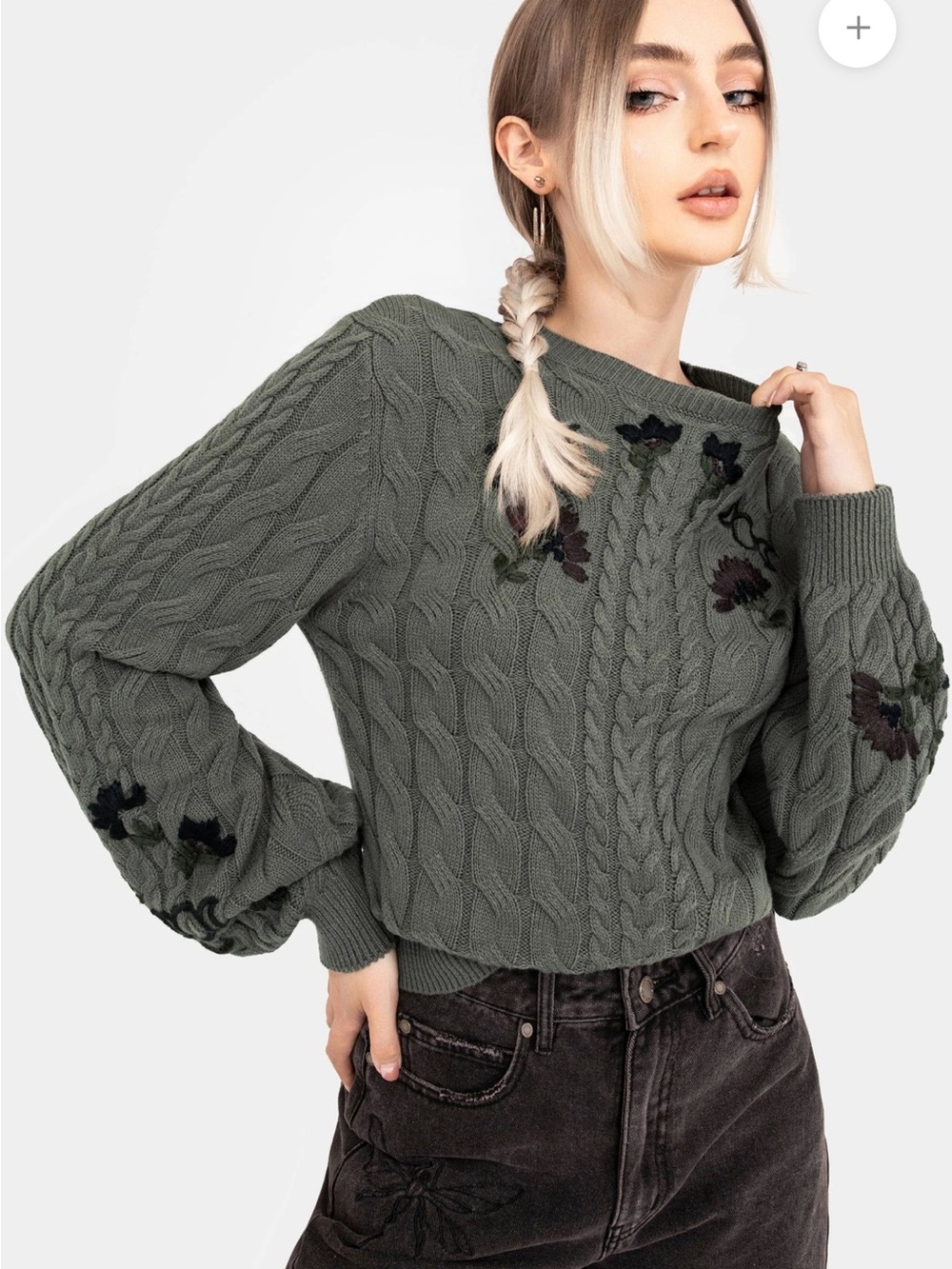 Disturbia  Cable-Knit Sweater with Floral Embroidery